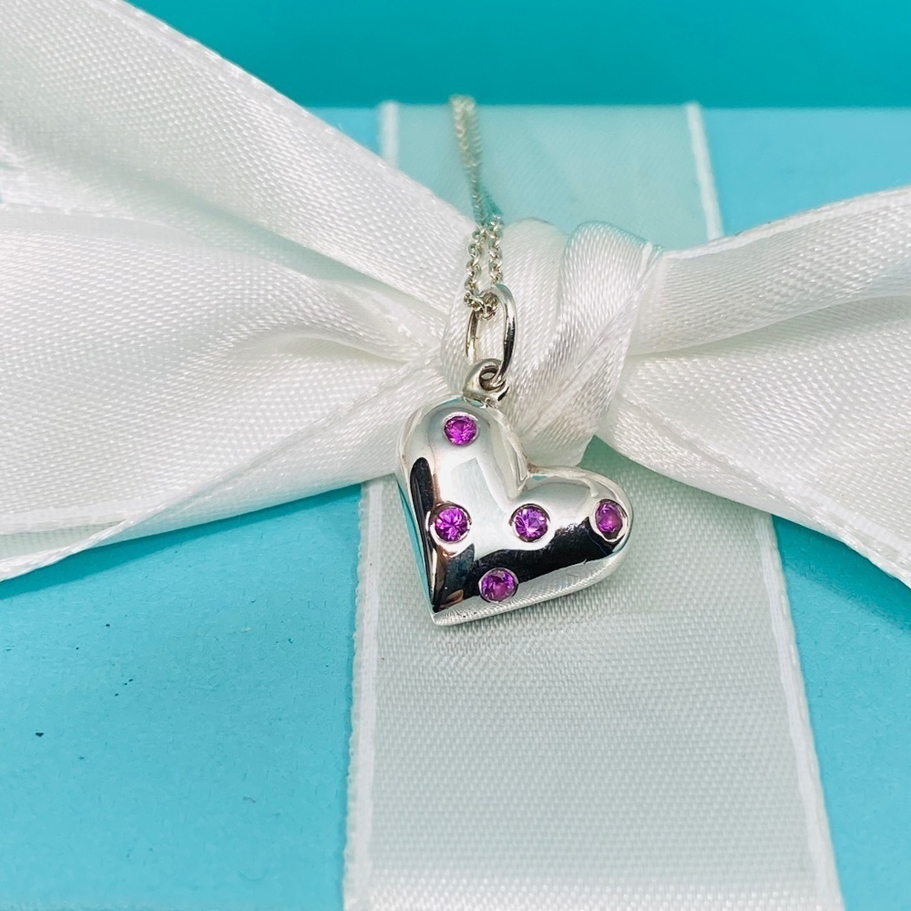 Tiffany Co Sterling Silver Etoile Pink Sapphire Puff Heart Pendant Necklace 16"